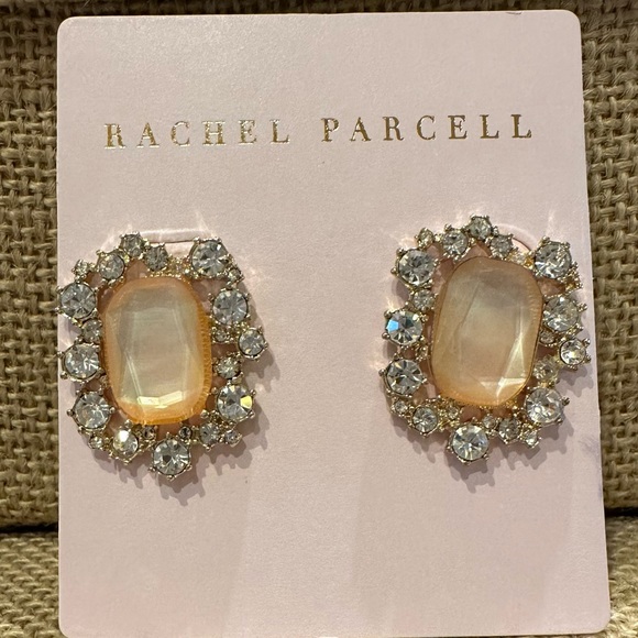 NWT Rachel Parcell Earrings gold tone rectangle peach crystal & clear rhinestone - Picture 1 of 9
